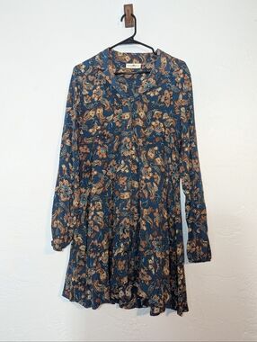 Natural Life Paisley Floral Long-Sleeve Tunic Shirt Dress Boho Coastal Cowgirl L